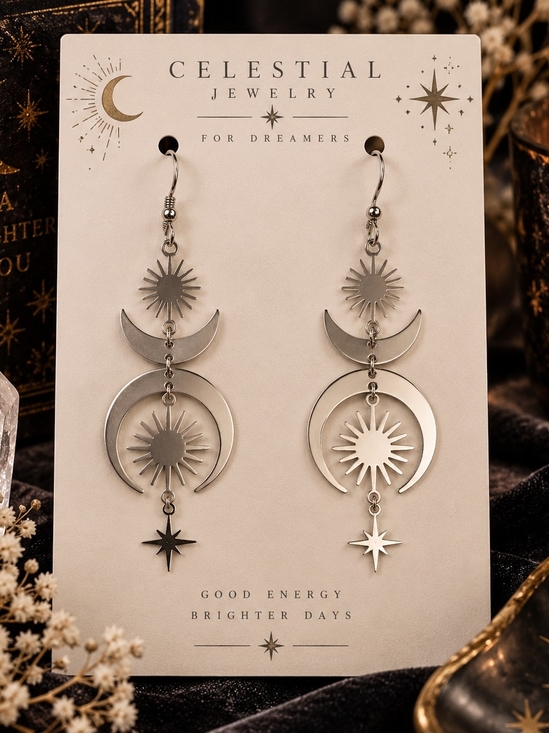 Jewelry - Silver Metal Celestial Moon & Star Sunburst Dangle Drop Earrings New
